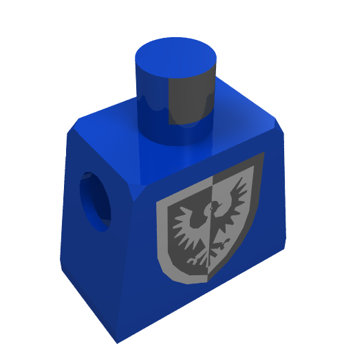 Rendu LDraw de Torse château noir faucon imprimé modèle vieux style torse avec écusson à fond rond et marquage au cou noir (Torso Castle Black Falcon Print Old Style Torso with Rounder Bottomed Shield and Black Neck Marking), couleur indicative