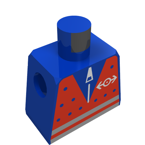 Rendu LDraw de Torse de minifigurine avec gilet rouge et logo de train imprimé (Minifig Torso with Red Vest and Train Logo Print), couleur indicative