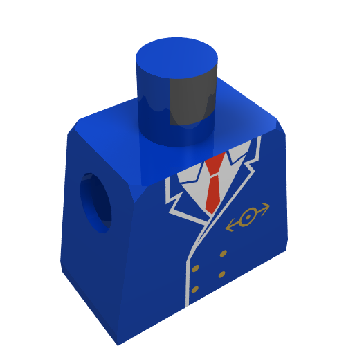 Rendu LDraw de Torse de minifigurine avec quatre boutons costume et Train Logo imprimé modèle conducteur (Minifig Torso with Four Button Suit and Train Logo Print conductor), couleur indicative