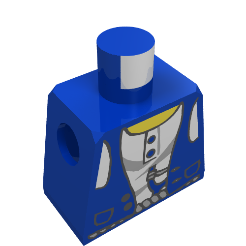 Rendu LDraw de Minifigurine torse avec gilet, fronde en motif imprimé ceinture (Minifig Torso with Vest, Slingshot in Belt Print), couleur indicative