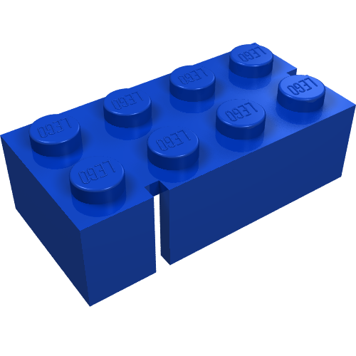 Rendu LDraw de Brique 2 x 4 sans Bottom Tubes, Slotted (avec 2 slots, opposite d’angle left), couleur indicative