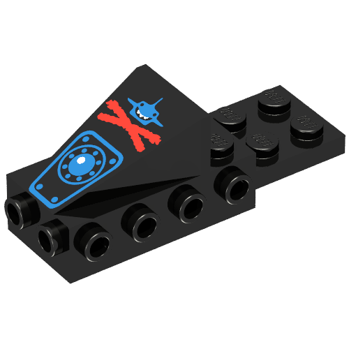 Rendu LDraw de Brique spéciale, cockpit espace nez avec Aquazone requin bleu aquash avec motif rouge x imprimé (Brick Special, Cockpit Space Nose with Aquazone Aquashark Blue Shark with Red X Print), couleur indicative
