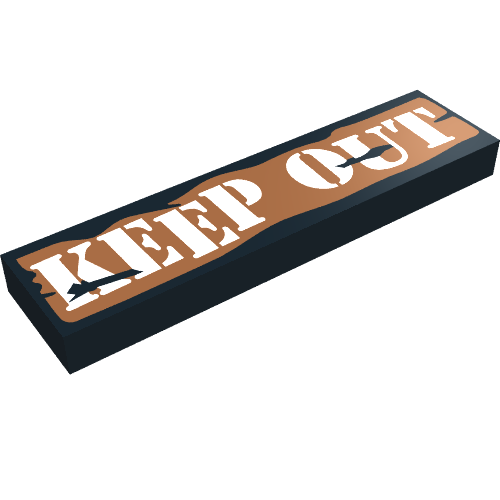 Rendu LDraw de Tuile 1 x 4 avec signe de garder hors motif imprimé (Tile 1 x 4 with Keep Out Sign Print), couleur indicative