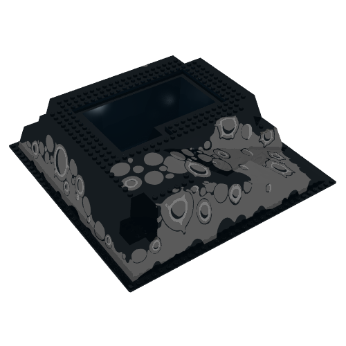 Rendu LDraw de Plaque de base surélevée 32 x 32 avec rampe et fosse, motif imprimé cratère (Baseplate Raised 32 x 32 with Ramp and Pit, Crater Print), couleur indicative