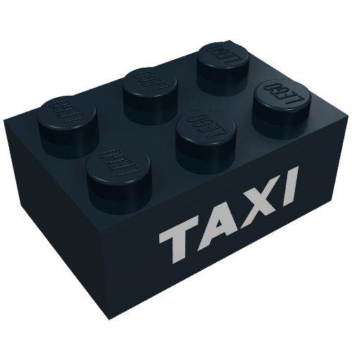 Rendu LDraw de Brique 2 x 3 avec motif sans-serif blanc 'TAXI' (Brick 2 x 3 with White 'TAXI' Sans-Serif Print), couleur indicative
