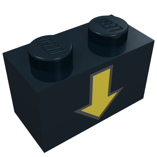 Rendu LDraw de Brique 1 x 2 avec flèche jaune vers le bas et motif imprimé bord noir (Brick 1 x 2 with Yellow Down Arrow and Black Border Print), couleur indicative