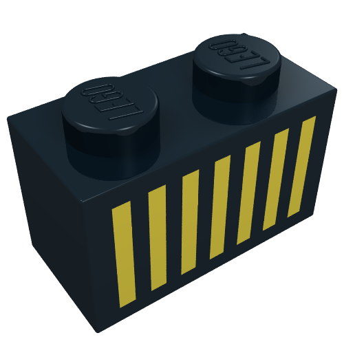Rendu LDraw de Brique 1 x 2 avec motif imprimé gril jaune (Brick 1 x 2 with Yellow Grill Print), couleur indicative