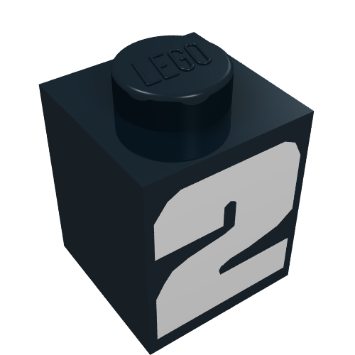 Rendu LDraw de Brique 1 x 1 avec motif imprimé blanc vif '2' (Brick 1 x 1 with Bold White '2' Print), couleur indicative