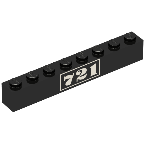 Rendu LDraw de Brique 1 x 8 avec motif imprimé or '721' (Brick 1 x 8 with Gold '721' Print), couleur indicative