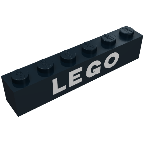 Rendu LDraw de Brique 1 x 6 avec motif imprimé blanc 'LEGO' (Brick 1 x 6 with 'LEGO' White Print), couleur indicative
