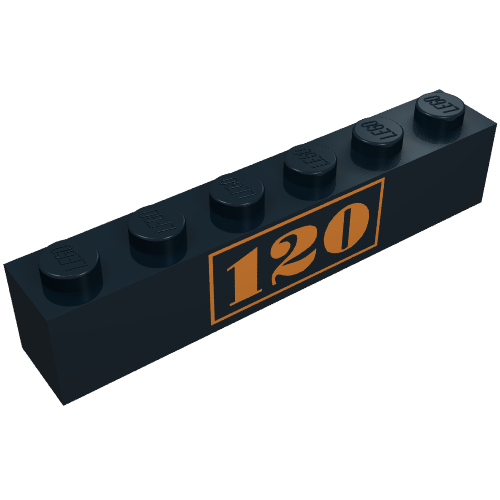 Rendu LDraw de Brique 1 x 6 avec motif imprimé Or '120' (Brick 1 x 6 with Gold '120' Print), couleur indicative
