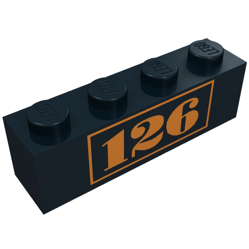 Rendu LDraw de Brique 1 x 4 avec motif imprimé or '126' (Brick 1 x 4 with Gold '126' Print), couleur indicative