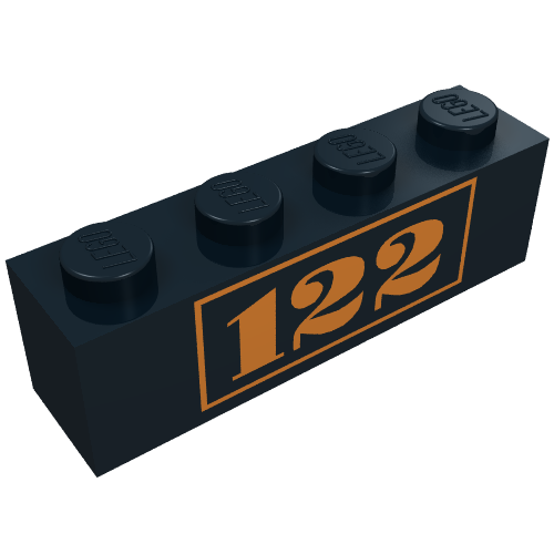 Rendu LDraw de Brique 1 x 4 avec motif imprimé or '122' (Brick 1 x 4 with Gold '122' Print), couleur indicative