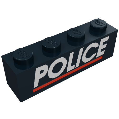 Rendu LDraw de Brique 1 x 4 avec motif imprimé blanc 'POLICE' et ligne rouge (Brick 1 x 4 with White 'POLICE' and Red Line Print), couleur indicative
