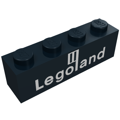 Rendu LDraw de Brique 1 x 4 avec motif imprimé blanc 'Legoland' Logo (Brick 1 x 4 with White 'Legoland' Logo Print), couleur indicative