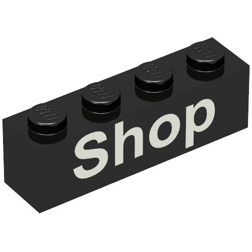 Rendu LDraw de Brique 1 x 4 avec motif imprimé blanc 'Shop' (Brick 1 x 4 with White 'Shop' Print), couleur indicative
