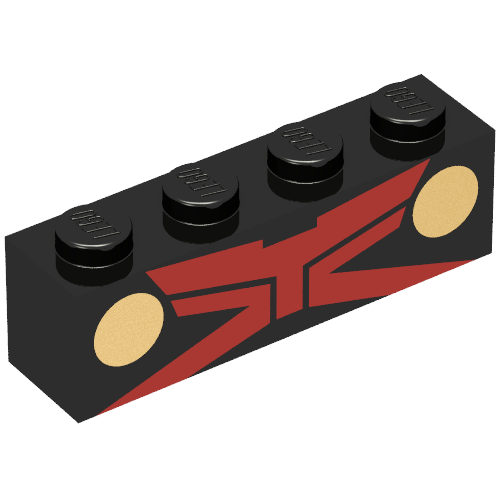 Rendu LDraw de Brique 1 x 4 avec des rayures rouges et des cercles d'or imprimé (chasseur d'hommes martien) (Brick 1 x 4 with Red Stripes and Gold Circles Print (Martian Manhunter)), couleur indicative