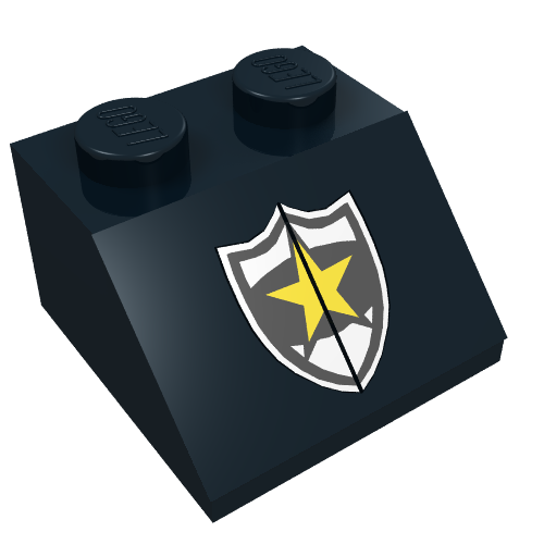 Rendu LDraw de Brique inclinée 45° 2 x 2 avec badge Étoile Jaune Police imprimé (Brick Sloped 45° 2 x 2 with Police Yellow Star Badge Print), couleur indicative