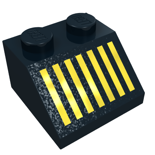 Rendu LDraw de Brique inclinée 45° 2 x 2 avec motif imprimé gril jaune (Brick Sloped 45° 2 x 2 with Yellow Grill Print), couleur indicative