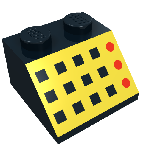 Rendu LDraw de Brique inclinée 45° 2 x 2 avec 12 boutons, 3 lampes rouges, motif imprimé panneau jaune (Brick Sloped 45° 2 x 2 with 12 Buttons, 3 Red Lamps, Yellow Panel Print), couleur indicative