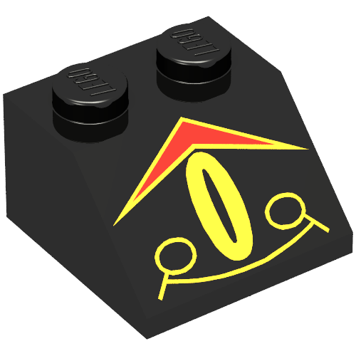 Rendu LDraw de Brique inclinée 45° 2 x 2 avec motif imprimé RoboForce rouge chevron et œil jaune (Brick Sloped 45° 2 x 2 with RoboForce Red Chevron and Yellow Eye Print), couleur indicative