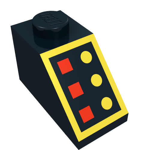 Rendu LDraw de Brique inclinée 45° 2 x 1 avec connecteur inférieure, avec 3 lampes rouges, 3 boutons jaunes, motif imprimé bordure jaune (Brick Sloped 45° 2 x 1 with Bottom pin, with 3 Red Lamps, 3 Yellow Buttons, Yellow Border Print), couleur indicative