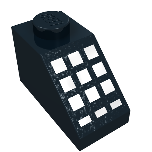 Rendu LDraw de Brique inclinée 45° 2 x 1 avec connecteur inférieure, avec 9 Grands + 3 Petits Boutons Blancs imprimés (Brick Sloped 45° 2 x 1 with Bottom pin, with 9 Large + 3 Small White Buttons Print), couleur indicative