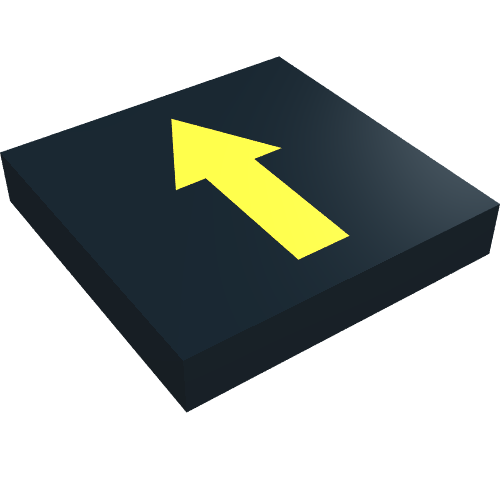 Rendu LDraw de Tuile 2 x 2 avec Flèche Jaune sans Bordure imprimée (Tile 2 x 2 with Yellow Arrow without Border Print), couleur indicative