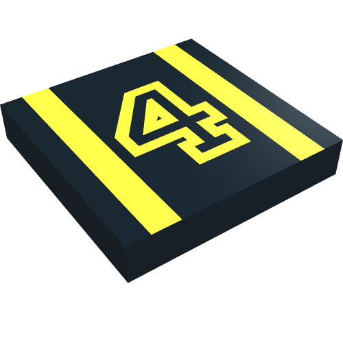 Rendu LDraw de Tuile 2 x 2 avec motif imprimé jaune 4 et rayures (Tile 2 x 2 with Yellow 4 and Stripes Print), couleur indicative