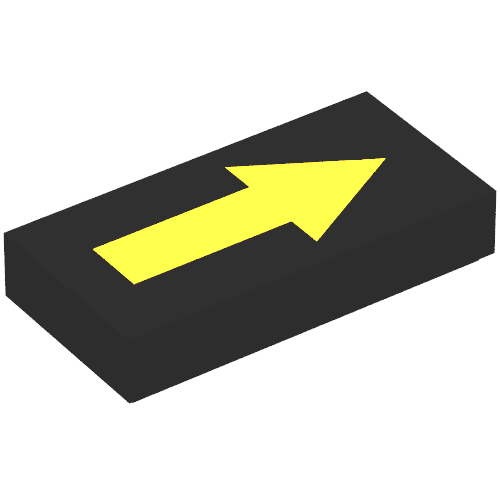 Rendu LDraw de Tuile 1 x 2 avec flèche longue jaune avec motif imprimé bordure noire (Tile 1 x 2 with Arrow Long Yellow with Black Border Print), couleur indicative