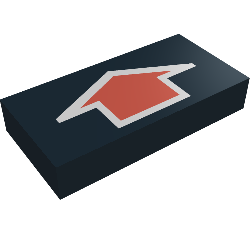 Rendu LDraw de Tuile 1 x 2 avec flèche courte rouge avec motif imprimé bord argenté (Tile 1 x 2 with Arrow Short Red with Silver Border Print), couleur indicative