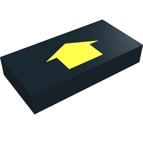 Rendu LDraw de Tuile 1 x 2 avec Flèche courte Jaune sans bordure noire motif imprimé (Tile 1 x 2 with Arrow Short Yellow without Black Border Print), couleur indicative
