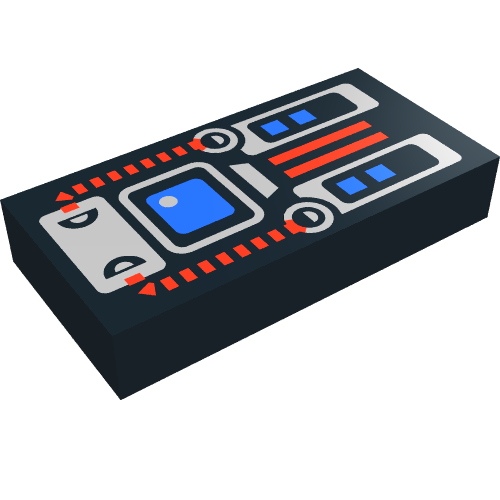 Rendu LDraw de Tuile 1 x 2 avec écran bleu, motif imprimé panneau rouge et argent (Tile 1 x 2 with Blue Screen, Red and Silver Panel Print), couleur indicative