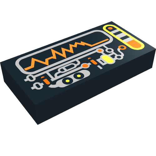 Rendu LDraw de Tuile 1 x 2 avec motif imprimé jaune et orange Afficher (Tile 1 x 2 with Yellow and Orange Display Print), couleur indicative