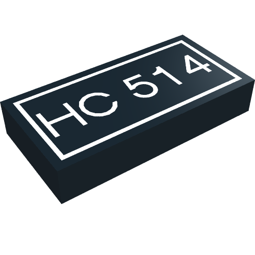 Rendu LDraw de Tuile 1 x 2 avec motif imprimé blanc 'HC 514' (Tile 1 x 2 with White 'HC 514' Text Print), couleur indicative