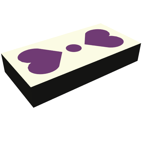 Rendu LDraw de Tuile 1 x 2 avec carré blanc, 2 cœurs violets, motif imprimé cercle (Tile 1 x 2 with White Square, 2 Purple Hearts, Circle Print), couleur indicative