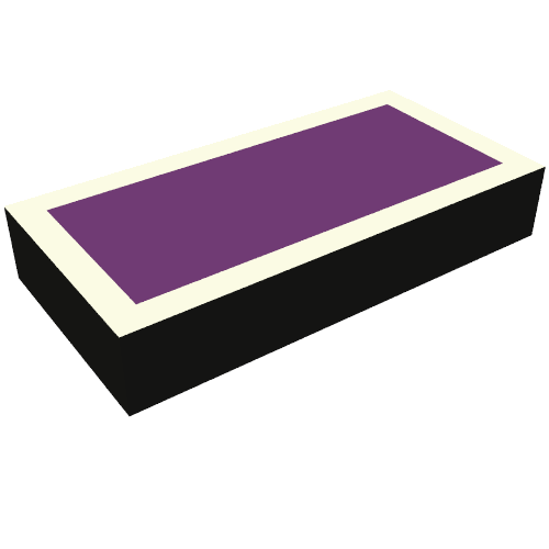 Rendu LDraw de Tuile 1 x 2 avec motif imprimé blanc et violet carré (Tile 1 x 2 with White and Purple Square Print), couleur indicative