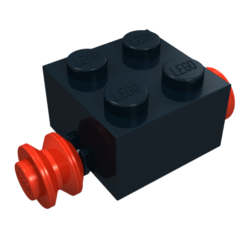 Rendu LDraw de Brique spéciale 2 x 2 [roues rouges pour pneu simple] (Brick Special 2 x 2 [Red Wheels for Single Tyre]), couleur indicative