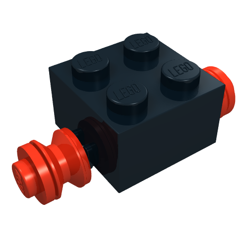 Rendu LDraw de Brique spéciale 2 x 2 [roues rouges pour pneu double] (Brick Special 2 x 2 [Red Wheels for Dually Tire]), couleur indicative