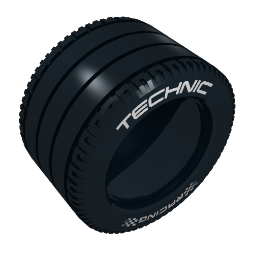 Rendu LDraw de Pneu Technic racing grand avec motif imprimé blanc 'TECHNIC RACING' (Tyre Technic Racing Large with 'TECHNIC RACING' White Print), couleur indicative
