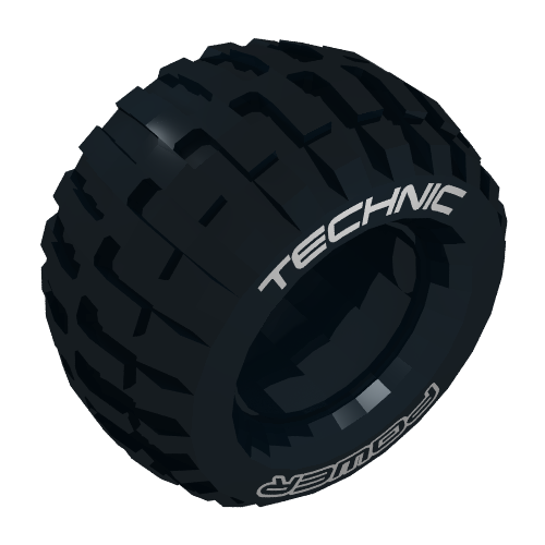 Rendu LDraw de Tirette Technic avec motif imprimé blanc 'TECHNIC POWER' (Tyre Technic Power Puller with 'TECHNIC POWER' White Print), couleur indicative