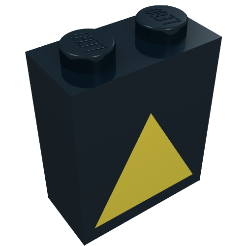 Rendu LDraw de Brique 1 x 2 x 2 avec motif imprimé Triangle jaune (Brick 1 x 2 x 2 with Yellow Triangle Print), couleur indicative