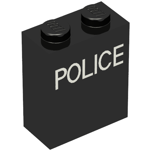 Rendu LDraw de Brique 1 x 2 x 2 avec motif imprimé blanc 'POLICE' (Brick 1 x 2 x 2 with White 'POLICE' Print), couleur indicative