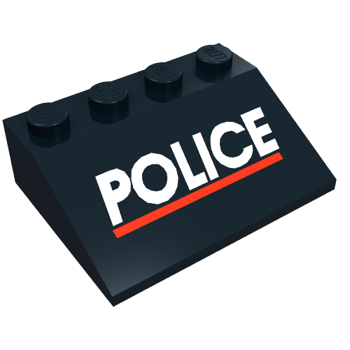 Rendu LDraw de Brique inclinée 33° 3 x 4 avec motif imprimé "POLICE" blanc et ligne rouge (Brick Sloped 33° 3 x 4 with White "POLICE" and Red Line Print), couleur indicative