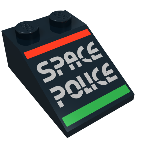 Rendu LDraw de Brique inclinée 33° 3 x 2 avec motif imprimé police de l'espace (Brick Sloped 33° 3 x 2 with SPACE POLICE' Print), couleur indicative
