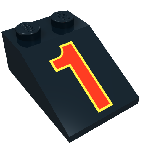 Rendu LDraw de Brique inclinée 33° 3 x 2 avec motif imprimé rouge '1' et jaune (Brick Sloped 33° 3 x 2 with Red '1' and Yellow Outline Print), couleur indicative