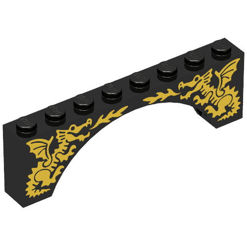 Rendu LDraw de Brique Arche 1 x 8 x 2 avec motif imprimé deux dragons jaunes (Brick Arch 1 x 8 x 2 with Two Yellow Dragons Print), couleur indicative