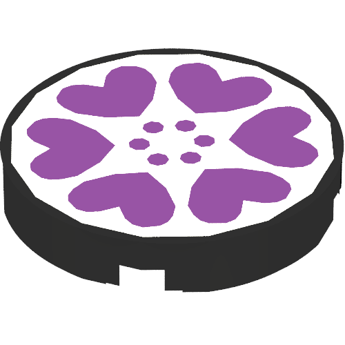 Rendu LDraw de Tuile ronde 2 x 2 avec Scala six cœurs violets et des points sur fond blanc motif imprimé (Tile Round 2 x 2 with Scala Six Purple Hearts and Dots on White Background Print), couleur indicative