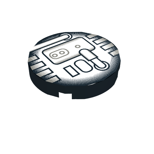 Rendu LDraw de Tuile ronde 2 x 2 avec motif imprimé machines grises et noires (Tile Round 2 x 2 with Grey and Black Machinery Print), couleur indicative