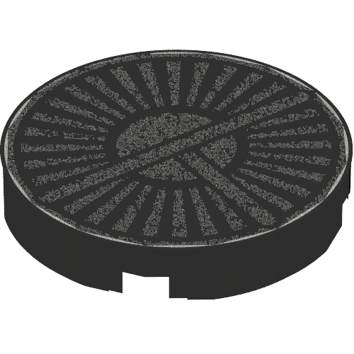 Rendu LDraw de Tuile ronde 2 x 2 avec motif argenté à fines lames (Tile Round 2 x 2 with Silver Thin-Bladed Fan Print), couleur indicative